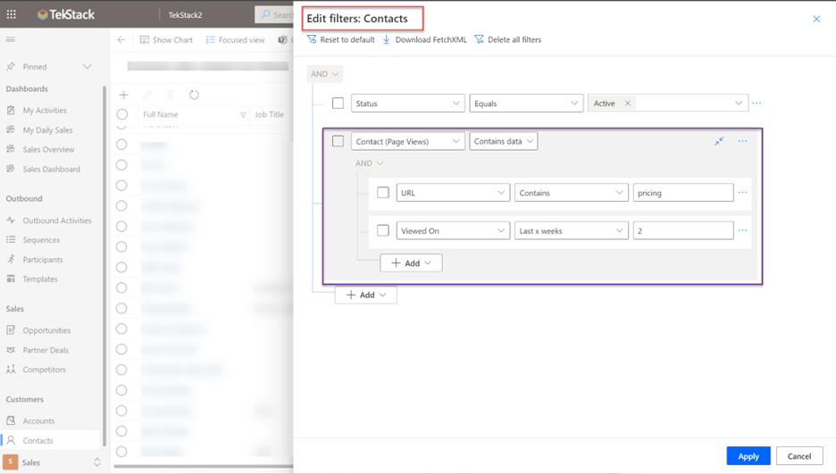 setting up a contact filter based on page views